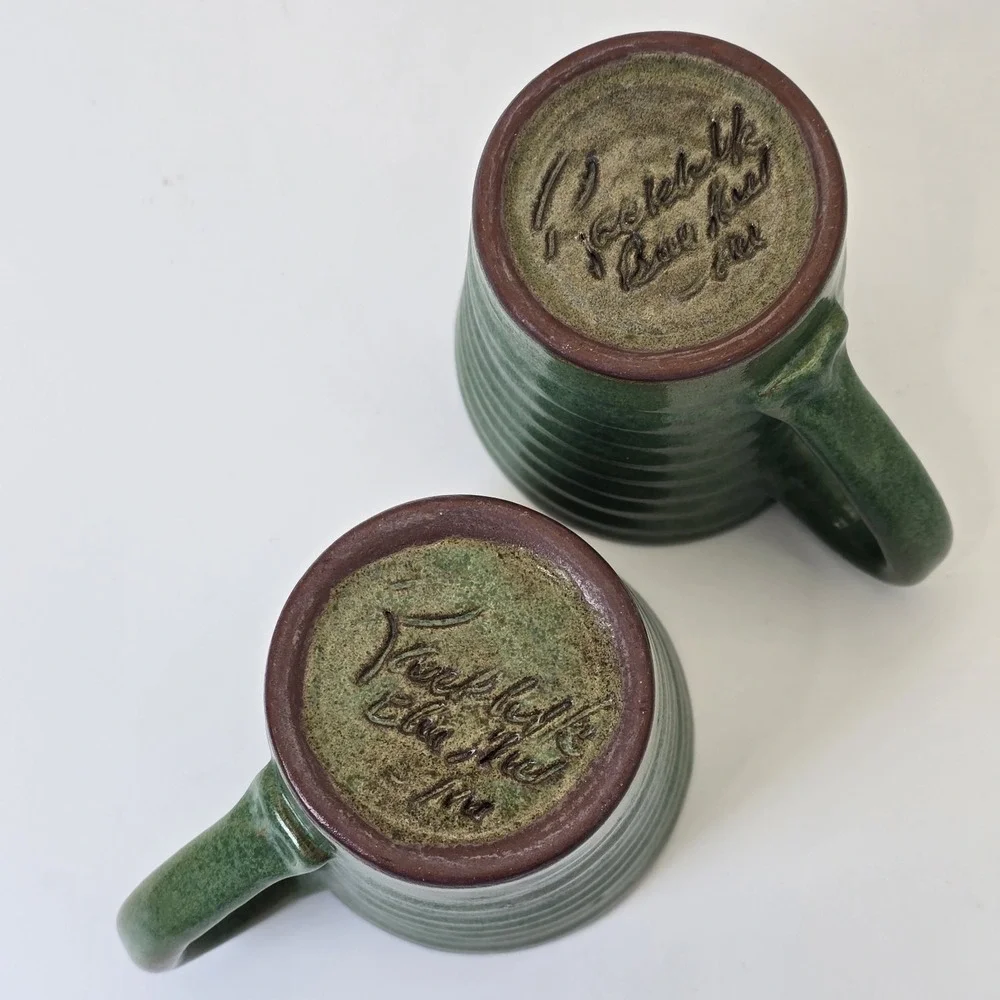 Rackliffe Pottery Blue Hill Maine Green Studio Pottery Mug Pair Signed - Picture 9 of 13